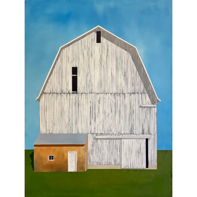 Fruita Barn by Justin Wheatley | Acrylic on canvas of a white barn against a blue sky For Sale
