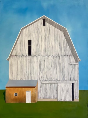 Fruita Barn by Justin Wheatley | Acrylic on canvas of a white barn against a blue sky