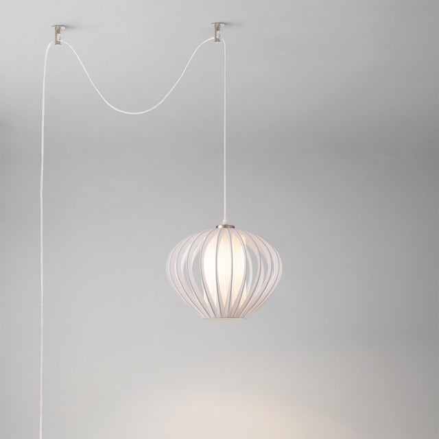 Mid-Century Modern Bloom Swag Lamp, Satin Nickel Steel, Sphere White Shade, Dimmable For Sale - Image 3 of 5