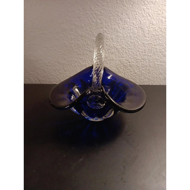 1980s Signed Flygsfors Coquille Sweden Cobalt Glass Basket For Sale In Dallas - Image 6 of 8