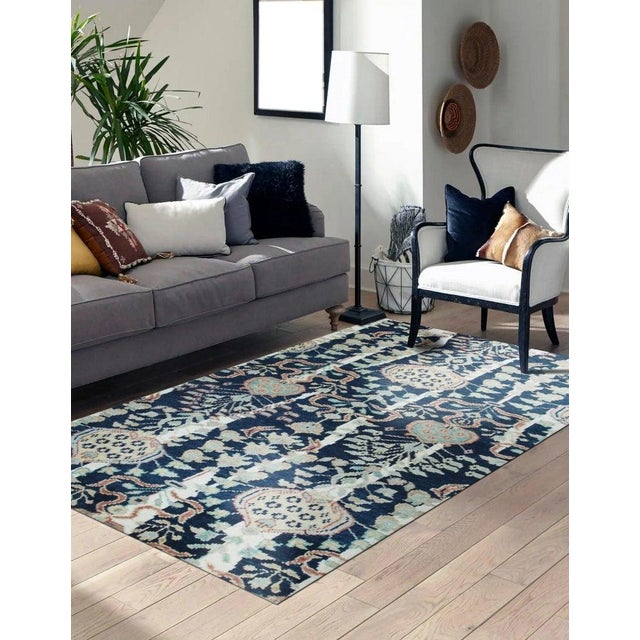 2020s 5x8 Blue Hand-Knotted Wool Floral Pomegranate Columns Geometric Carpet Rug For Sale - Image 5 of 5