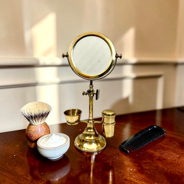 Mid-Century Modern Antique Brass Shaving Mirror For Sale - Image 3 of 13
