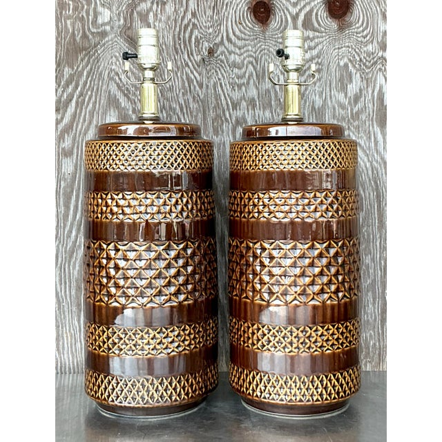 Vintage Boho Glazed Ceramic Band Lamps - a Pair For Sale In West Palm - Image 6 of 10