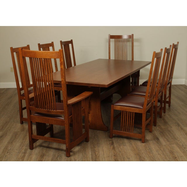 Stickley Mission Collection Oak 9 Piece Dining Set; Trestle Table, 8