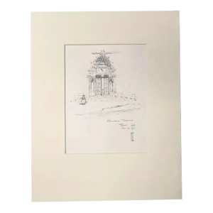 Antique Matted 1920s Walter Church French Landscape Pencil Drawing, St. Lo