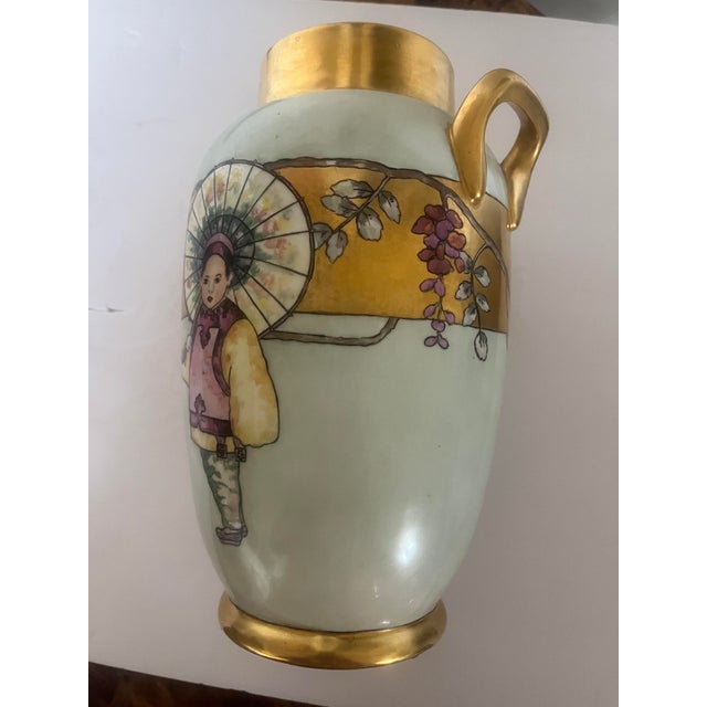 Antique Vintage Limoges Porcelain 2 Handled Vase Chinese Child With Her Umbrella Circa 1920 For Sale - Image 9 of 11