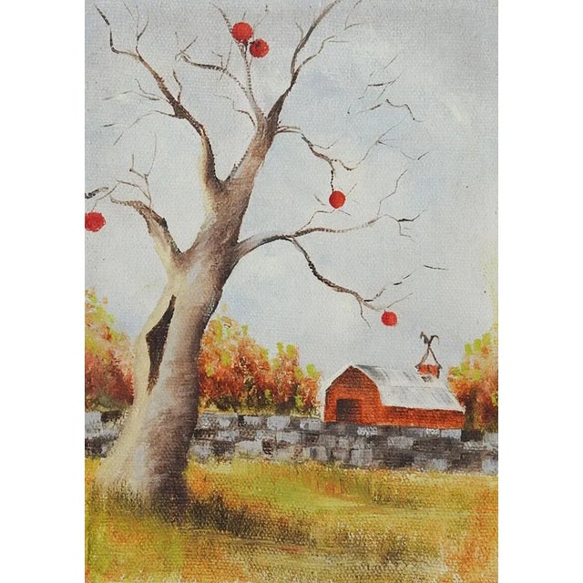 Small 1990s Farm Landscape Red Barn Apple Tree Painting For Sale - Image 4 of 4