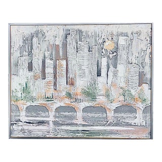 X-Large Vintage Stephen Kaye Oil Impasto Cubist Cityscape Mid Century Modern Framed For Sale