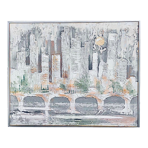 X-Large Vintage Stephen Kaye Oil Impasto Cubist Cityscape Mid Century Modern Framed