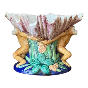Vintage Coastal Glazed Ceramic Monkey Centerpiece Bowl