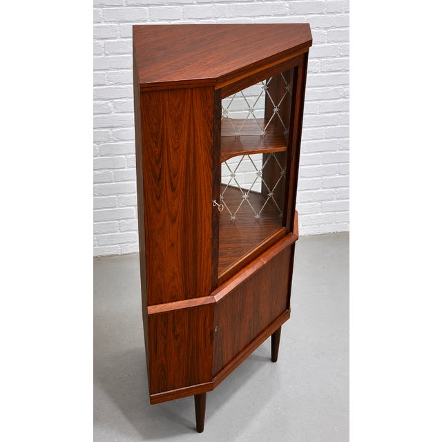 1960s Mid Century Modern Teak Corner China or Liquor Cabinet, Made in Denmark. C. 1960's For Sale - Image 5 of 14