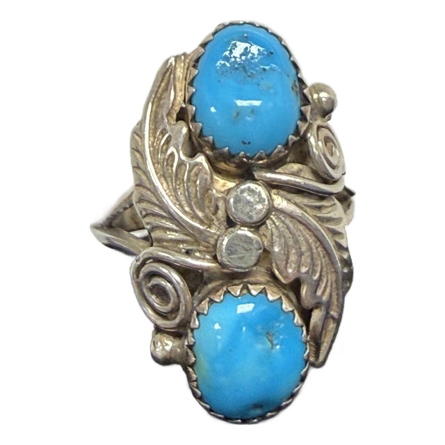 Navajo Turquoise Sterling Silver Rj Robert Johnson Ring Native American Signed Size 6.75 For Sale
