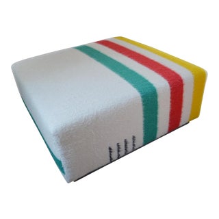 Ottoman Coffee Table Upholstered in Hudson Bay Blanket on Barn Board Frame, Square For Sale