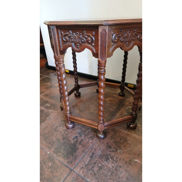 1920s 1920s Walnut Octagonal Planked Top Carved Side Table English Tudor Barley Twist Legs For Sale - Image 5 of 6
