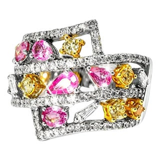 Late 20th Century 14K White Gold Diamond Multi Color Sapphire Band Ring Estate, Size 7.25 For Sale