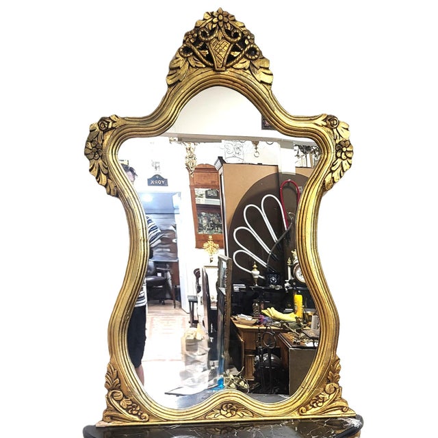 Vintage Rococo French Style 20th C Gilt Carved Wood Marble Console Table & Mirror For Sale - Image 13 of 15