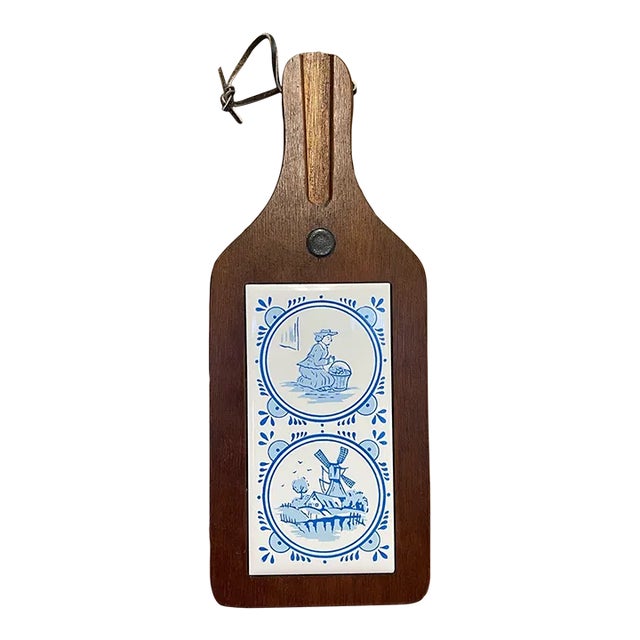 Vintage Decorative Wooden Board With Dutch Folk Delft Style Tiles For Sale