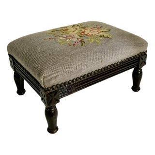 Vintage French Louis XVI Style Petite Needlepoint Footstool With Carved Legs For Sale