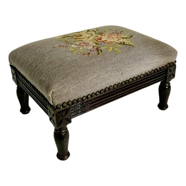 Vintage French Louis XVI Style Petite Needlepoint Footstool With Carved Legs For Sale