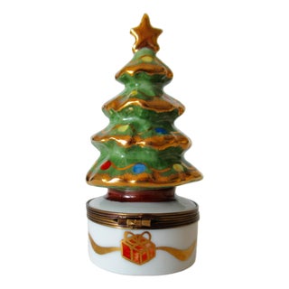 French Hand-Painted Limoges Christmas Tree Lidded Trinket Box For Sale