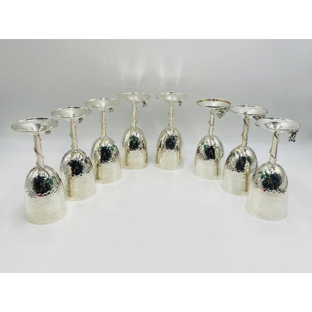 1980s Set of 8 Silver Plated & Crushed Emerald Wine/Water Goblets by Emilia Castillo For Sale In Los Angeles - Image 6 of 18