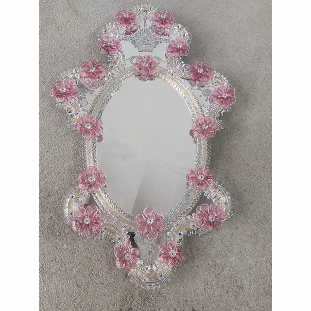 Glass Italian 2000s Venetian Oval Pink Floreal Hand-Carving Mirror in Murano Glass Style For Sale - Image 7 of 9