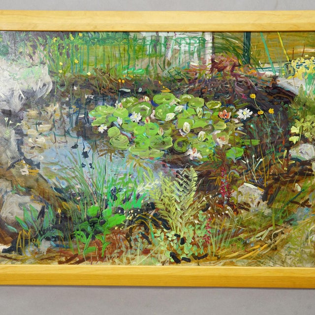 Post Impressionist Garden Pond With Water Lilies and Rockery, 1994 – Oil Painting by Alexander Michael For Sale - Image 3 of 6