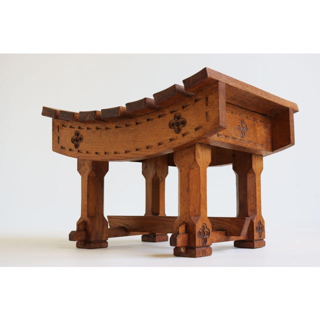 Antique Dutch Arts & Crafts Stool in Carved Oak, 1900 For Sale - Image 3 of 9