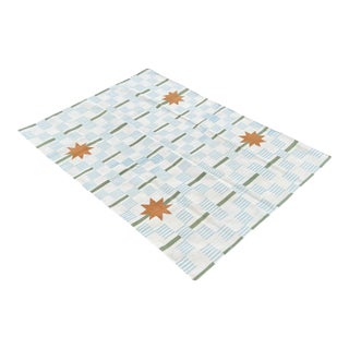 Handmade Cotton Area Rug, Cream, Sky Blue, Green and Tan Star Dash Striped Dhurrie - 5'x7' For Sale