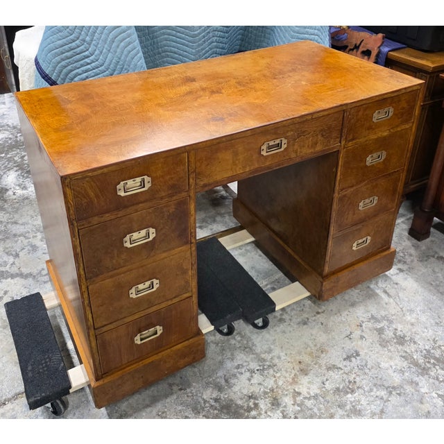 Campaign Vintage Burlwood Campaign Kneehole Desk For Sale - Image 3 of 11