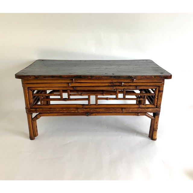Chinoiserie Antique Chinoiserie Bamboo Low Table Display W/Black Elm Top For Sale - Image 3 of 8