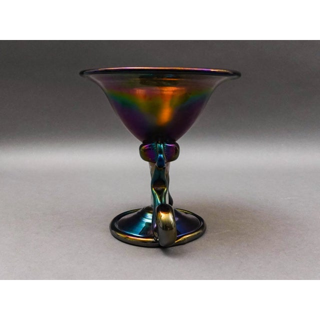 Kim Newcomb 1973 Signed Iridescent Art Glass Vase Pedestal Bowl Compote Measures approximately 6 7/8" diameter, 7" high.