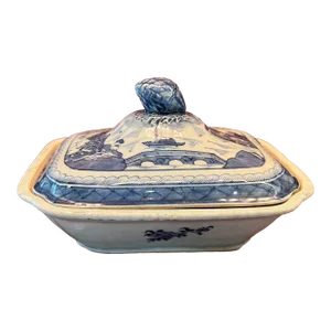 Antique Canton Blue and White Covered Dish