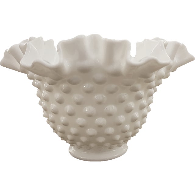 White Vintage Fenton Hobnail Ruffle Milk Glass Bowl Vase For Sale - Image 8 of 8
