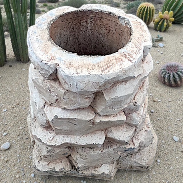 1980s 1986 White Washed Faux Stacked Riverstone Outdoor Cement Planter For Sale - Image 5 of 14