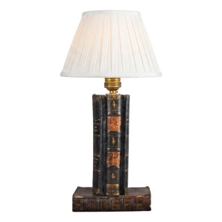 Vintage Leather-Bound Book Stack Table Lamp, Library Accent Light, English Study Style, Europe, 1950s For Sale