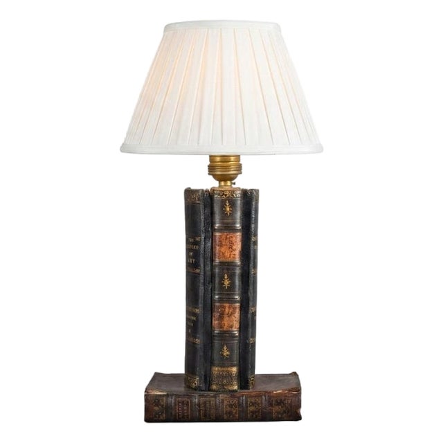 Vintage Leather-Bound Book Stack Table Lamp, Library Accent Light, English Study Style, Europe, 1950s For Sale
