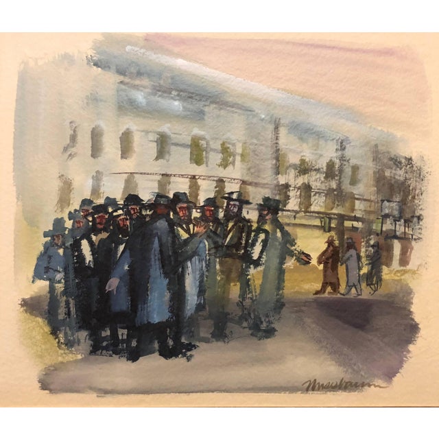 Modern Ervin B. Nussbaum, Modernist American Judaica Painting Jewish Men Outside Synagogue Eastern Parkway For Sale - Image 3 of 7