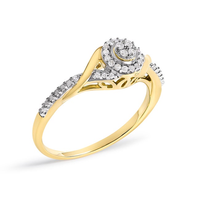 Contemporary 10K Yellow Gold 1/10 Cttw Diamond Swirl and Halo Promise Ring (I-J Color, I3 Clarity) - Size 6.5 For Sale - Image 3 of 7