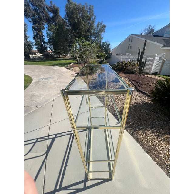 Mid-Century Modern Vintage Mid Century Modern Postmodern Brass Gold Etagere 5 Shelf Bookcase Wall Unit Display Case For Sale - Image 3 of 12