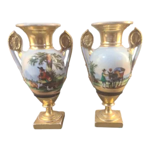 Antique Pair of Old Paris Fine French Porcelain Figural Scenic Handled Vases Urns