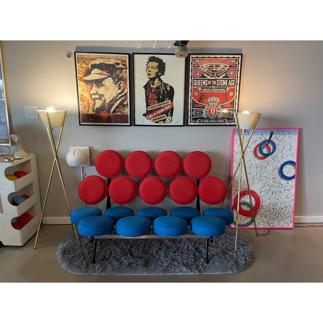 Reasonable offers accepted. Pair of Gerald Thurston for Lightolier Tripod Floor Lamps in Brass with off white diffuser...