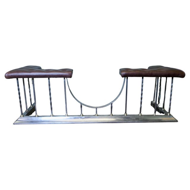 Brown Large Polished Steel and Brass Upholstered Club Fender, 1930s For Sale - Image 8 of 8