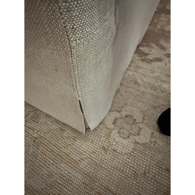Restoration Hardware Belgian Slipcovered Slope Arm Bench-Cushion Sofa in Sand Performance Linen, 7ft (Pair Available) For Sale - Image 14 of 14