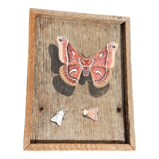 Vintage 1970's Hand-Painted Wooden Moth Folk Art Panel in Hand-Carved Tramp Art Frame For Sale