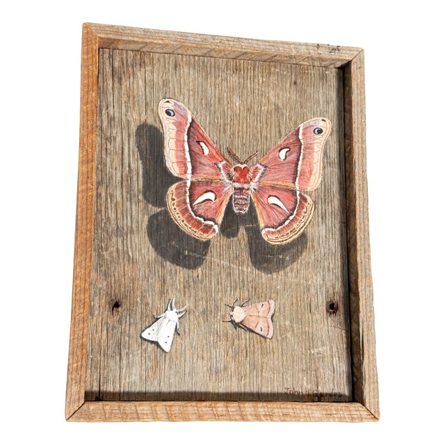 Vintage 1970's Hand-Painted Wooden Moth Folk Art Panel in Hand-Carved Tramp Art Frame For Sale