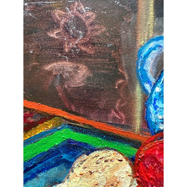 Mid-Century Modern Colorful Still Life With Blue Pitcher, Oil Painting For Sale - Image 3 of 12