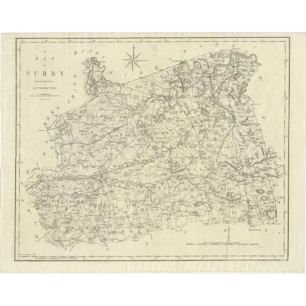 Antique map titled 'A Map of Surry from the best Authorities'. Original old county map of Surrey, England. Engraved by...