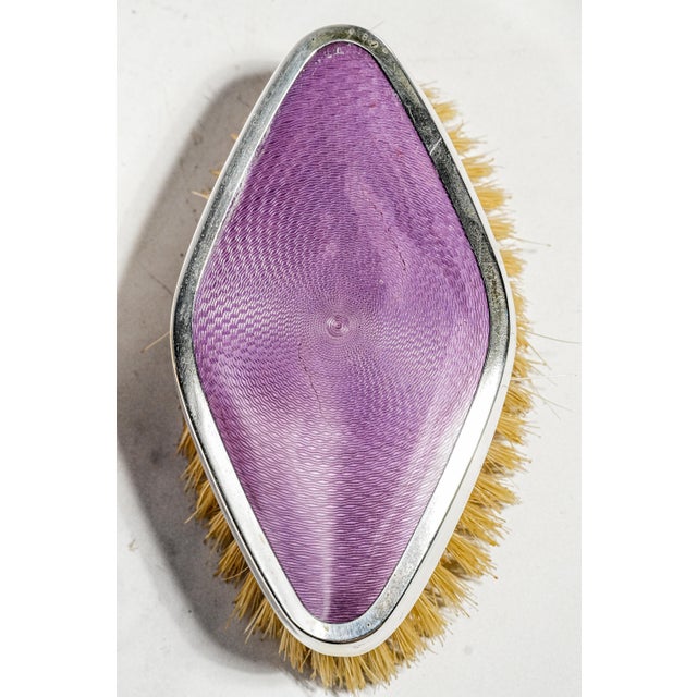 Wonderful Antique English Hallmarked Sterling Silver Vanity Brush Set Presentation Box Purple Celluloid Guilloché Style Edwardian Home Decor For Sale - Image 4 of 18