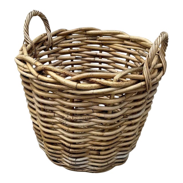 1940s Large Bent Wood Wicker Laundry Basket For Sale